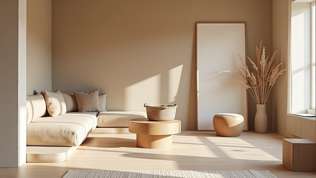 Dettaglio di arredamento minimalista italiano con accenti naturali e materiali di qualità