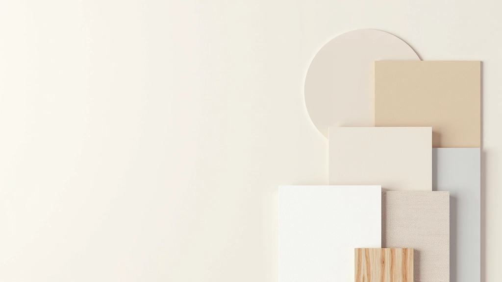 Palette colori minimalista italiana: bianco puro, beige caldo, grigio chiaro, legno naturale in una stanza con buona illuminazione