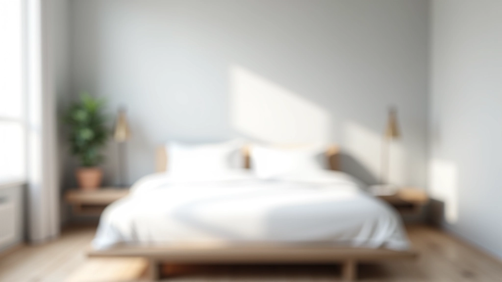 Camera da letto minimalista con letto semplice, biancheria bianca, due comodini vuoti, pareti grigio chiaro, una pianta in angolo