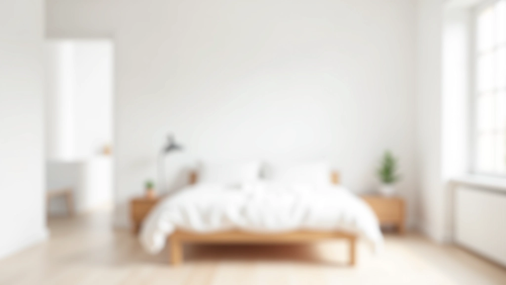 Camera da letto minimalista con pareti bianche, mobili essenziali e ampio spazio vuoto