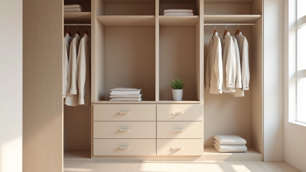 Armadio minimalista con solo vestiti essenziali, colori neutri, organizzazione perfetta e spazio vuoto visibile