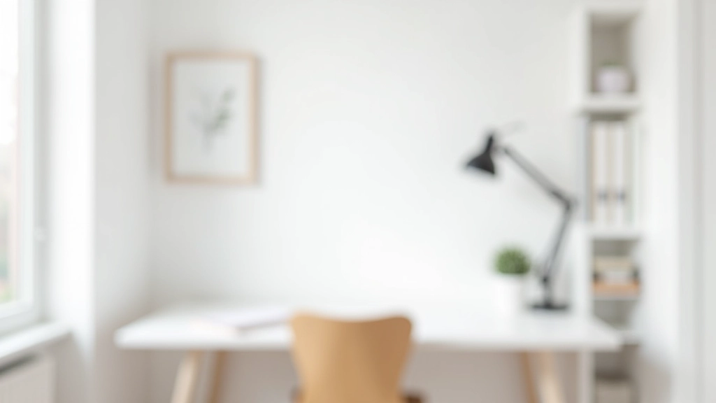 Minimalista spazio di lavoro con scrivania bianca, una lampada moderna e scaffali ordinati con pochi libri selezionati