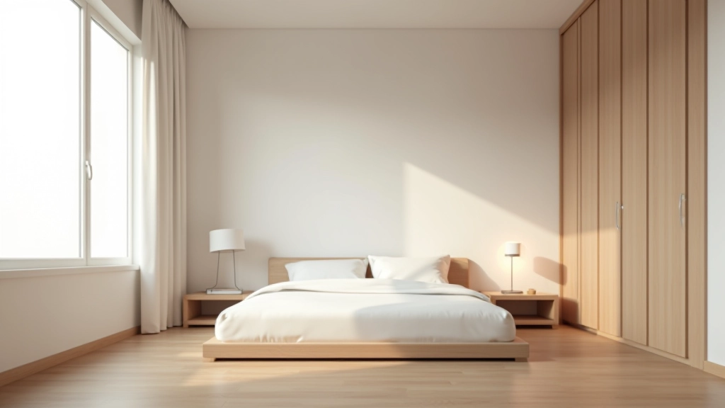 Camera da letto minimalista italiana: armadio organizzato, pavimento sgombro, poche suppellettili, luce naturale da finestra grande