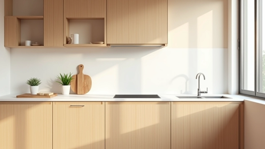 Cucina minimalista italiana con armadi in legno naturale, piano di lavoro pulito, solo gli strumenti essenziali visibili, finestra con luce naturale