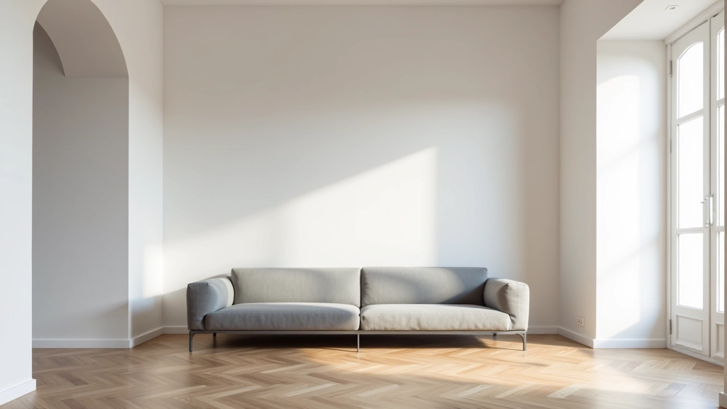 Salotto minimalista italiano con soffitti alti, pareti bianche, e un divano semplice di fronte a una finestra ampia