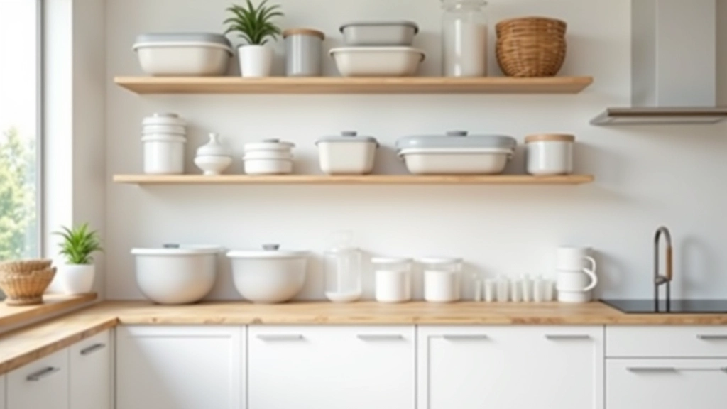 Cucina minimalista con contenitori trasparenti ben organizzati, ripiani puliti, spazi ordinati e funzionali