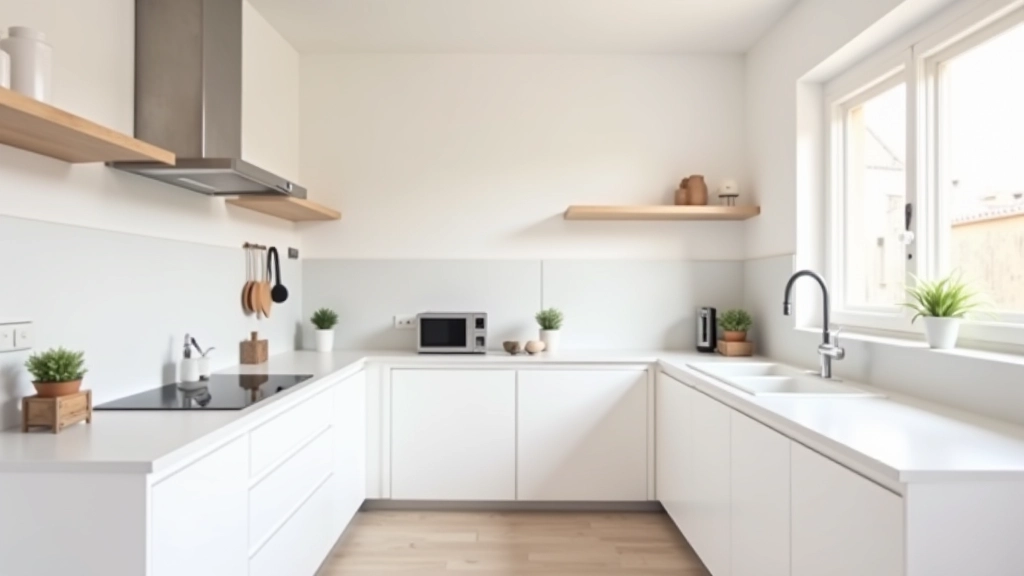 Cucina minimalista con mobili bianchi, piano di lavoro sgombro e illuminazione naturale