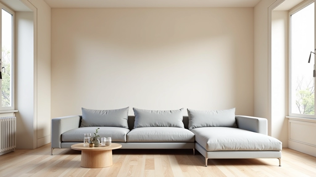 Soggiorno con linee pulite, divano grigio minimalista, pareti beige e finestre ampie