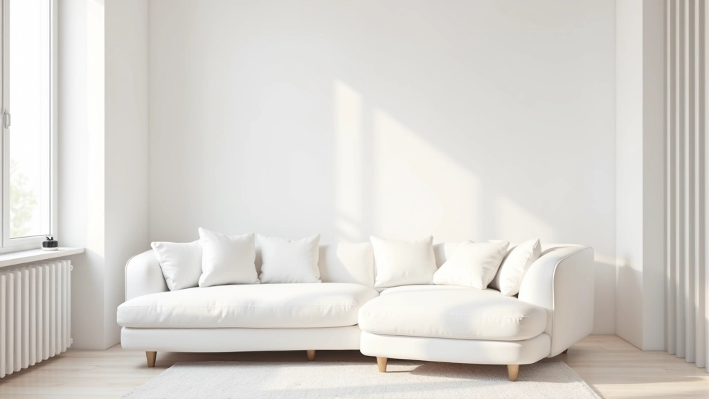 Salotto minimalista con divano bianco, pareti neutre e pochi oggetti decorativi ben posizionati
