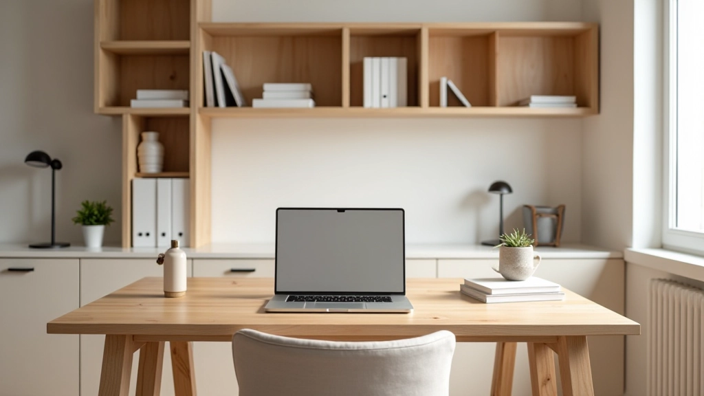Spazio di lavoro minimalista ben organizzato con scaffalature integrate e arredi funzionali