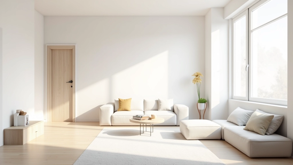 Spazio minimalista con pareti bianche, mobili essenziali e luce naturale