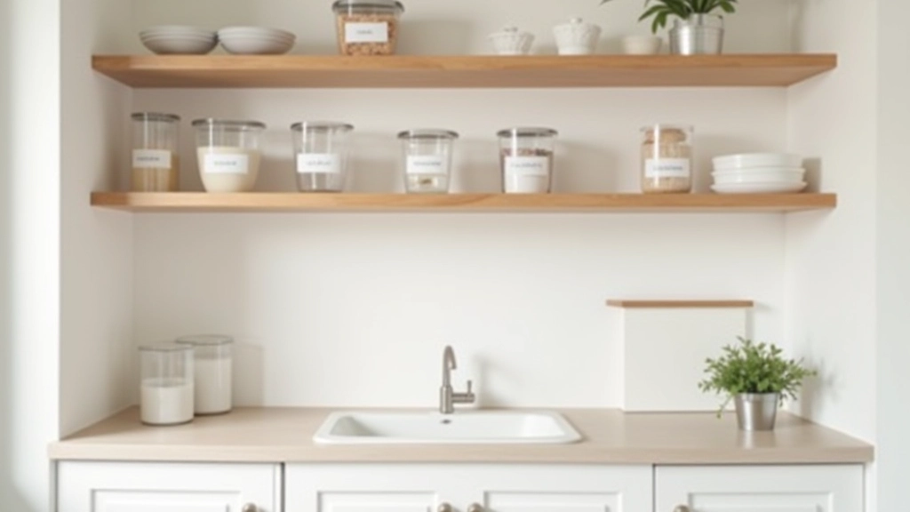 Cucina con scaffali organizzati, contenitori trasparenti, etichette, vista frontale pulita e ordinata