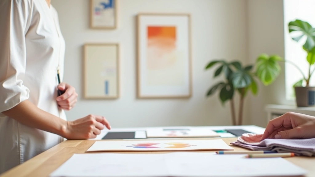 Studio di design minimalista con tavolo di lavoro, campioni di colori, e materiali per progetti di interior design